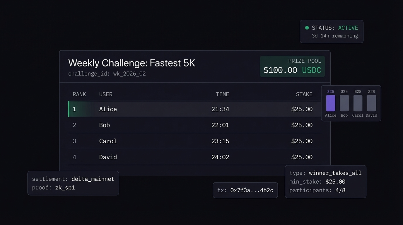 Weekly challenge leaderboard with USDC prize pool